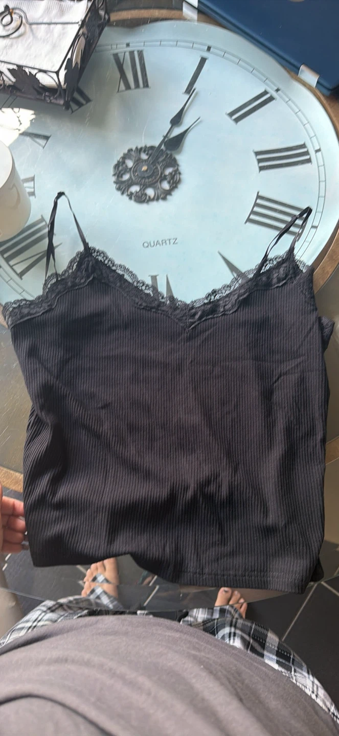 Black lace trim ribbed camisole
