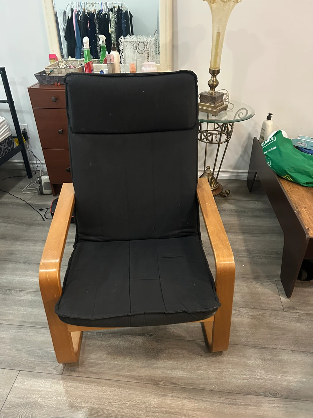 Black High Back Lounge Chair with Wooden Frame