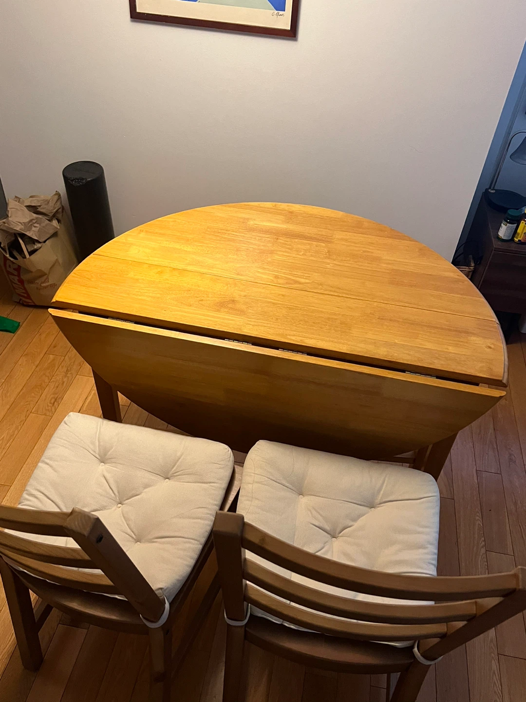 Drop Leaf Wooden Table 42” + Two Wooden Chairs with Cushions - photo 2