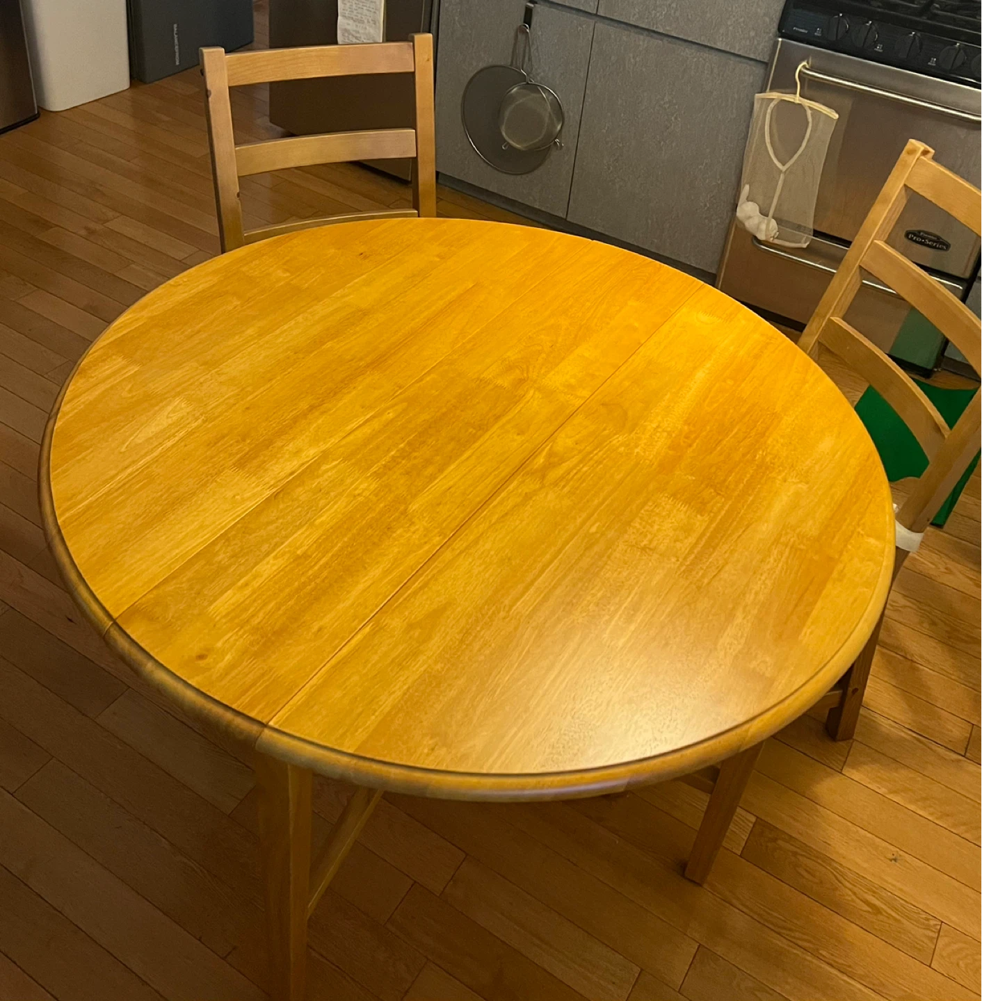 Drop Leaf Wooden Table 42” + Two Wooden Chairs with Cushions