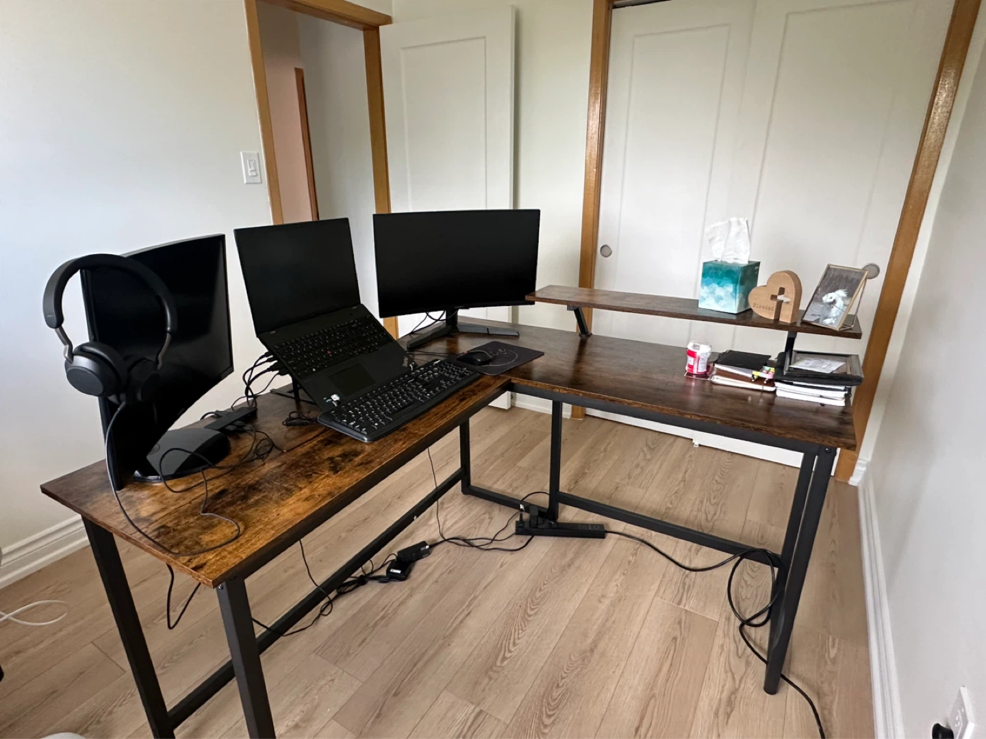 Rustic Oak L-Shaped Computer Desk with Monitor Shelf