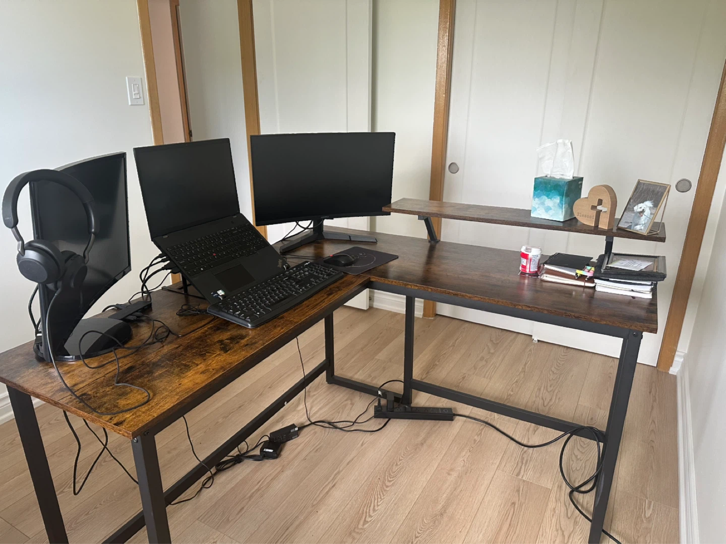 Rustic Oak L-Shaped Computer Desk with Monitor Shelf - photo 5