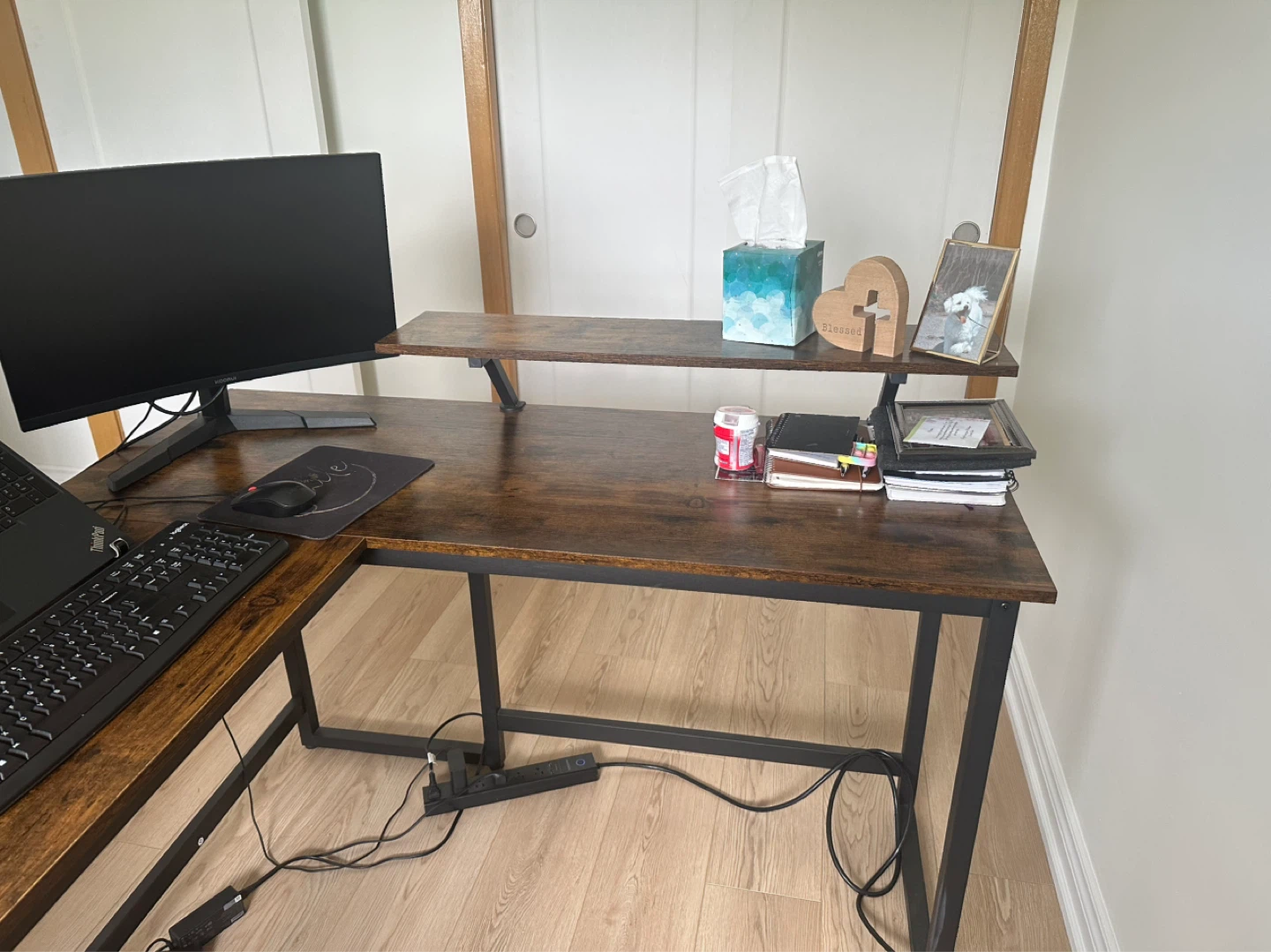 Rustic Oak L-Shaped Computer Desk with Monitor Shelf - photo 3