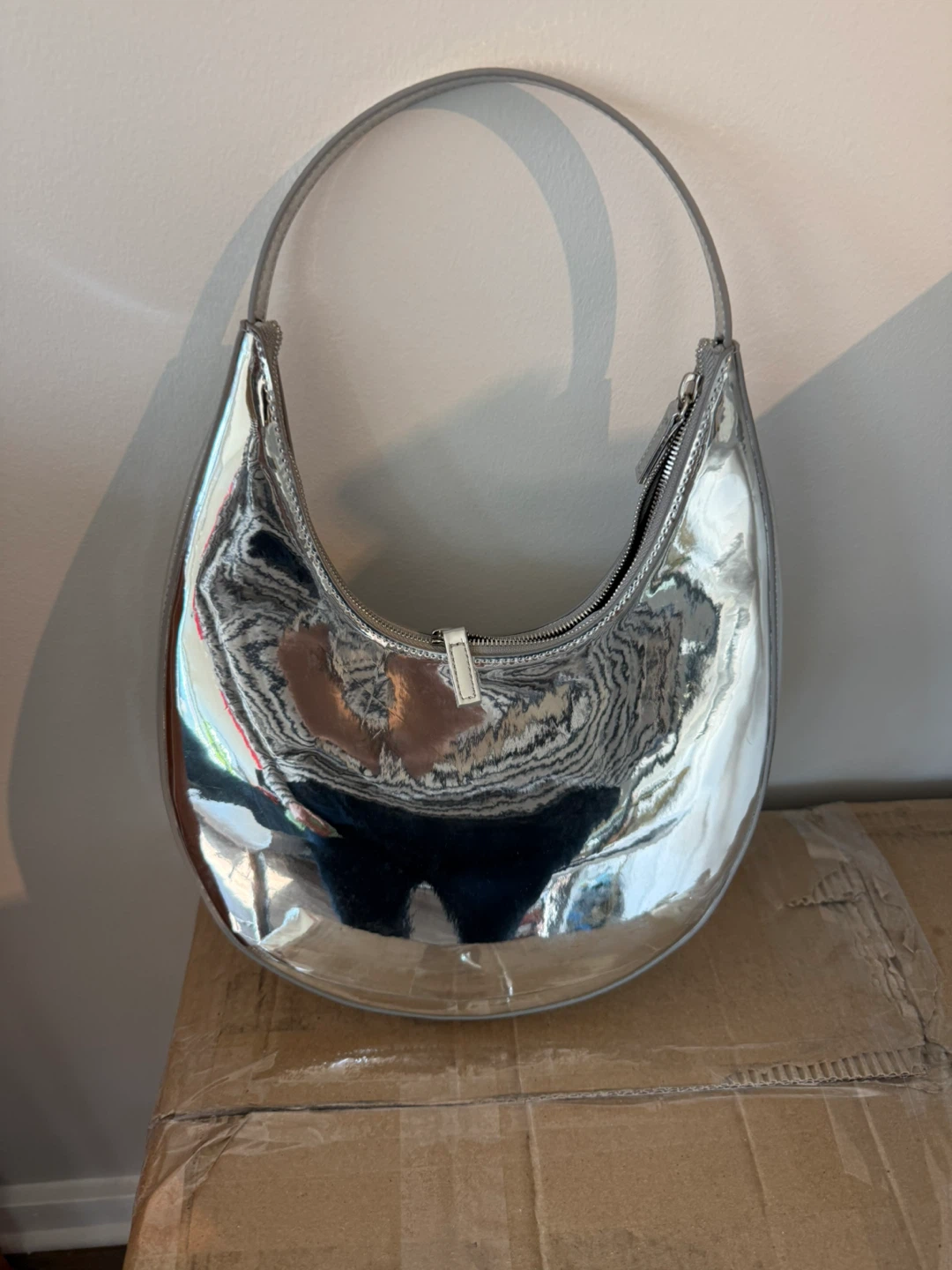 Silver Metallic Crescent Shoulder Bag