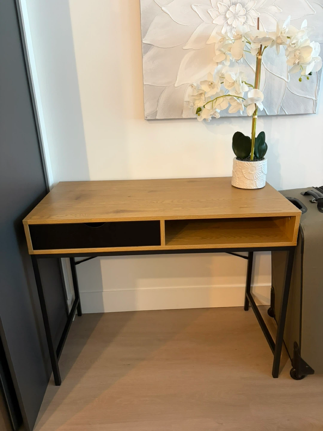 Modern Wood Desk with Drawer and Open Shelf