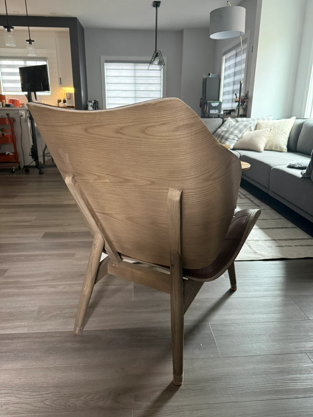 Brown Leather and Wood Lounge Chair - photo 3