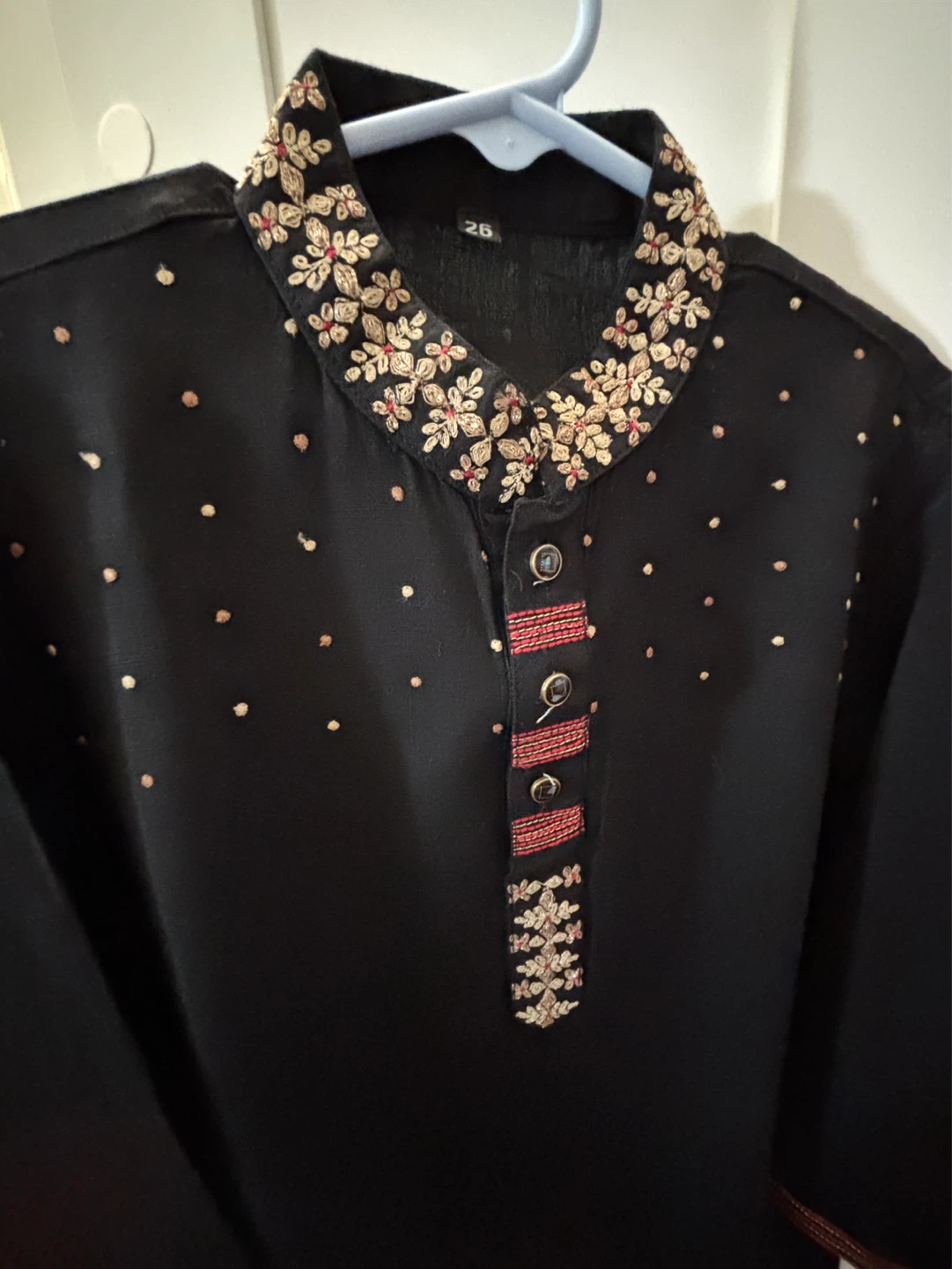 Black Kurta with Embroidered Collar and Cuffs - photo 2