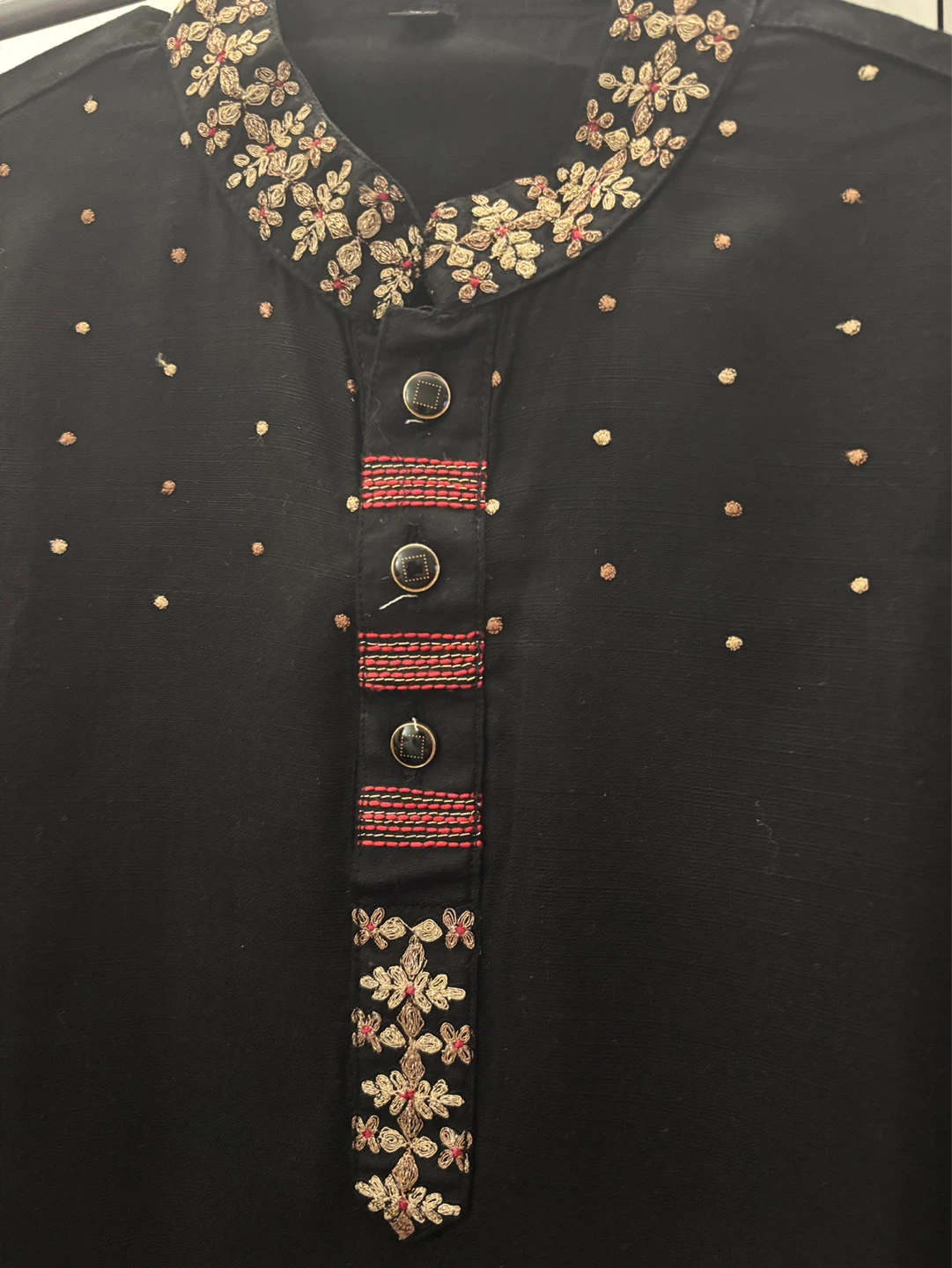 Black Kurta with Embroidered Collar and Cuffs