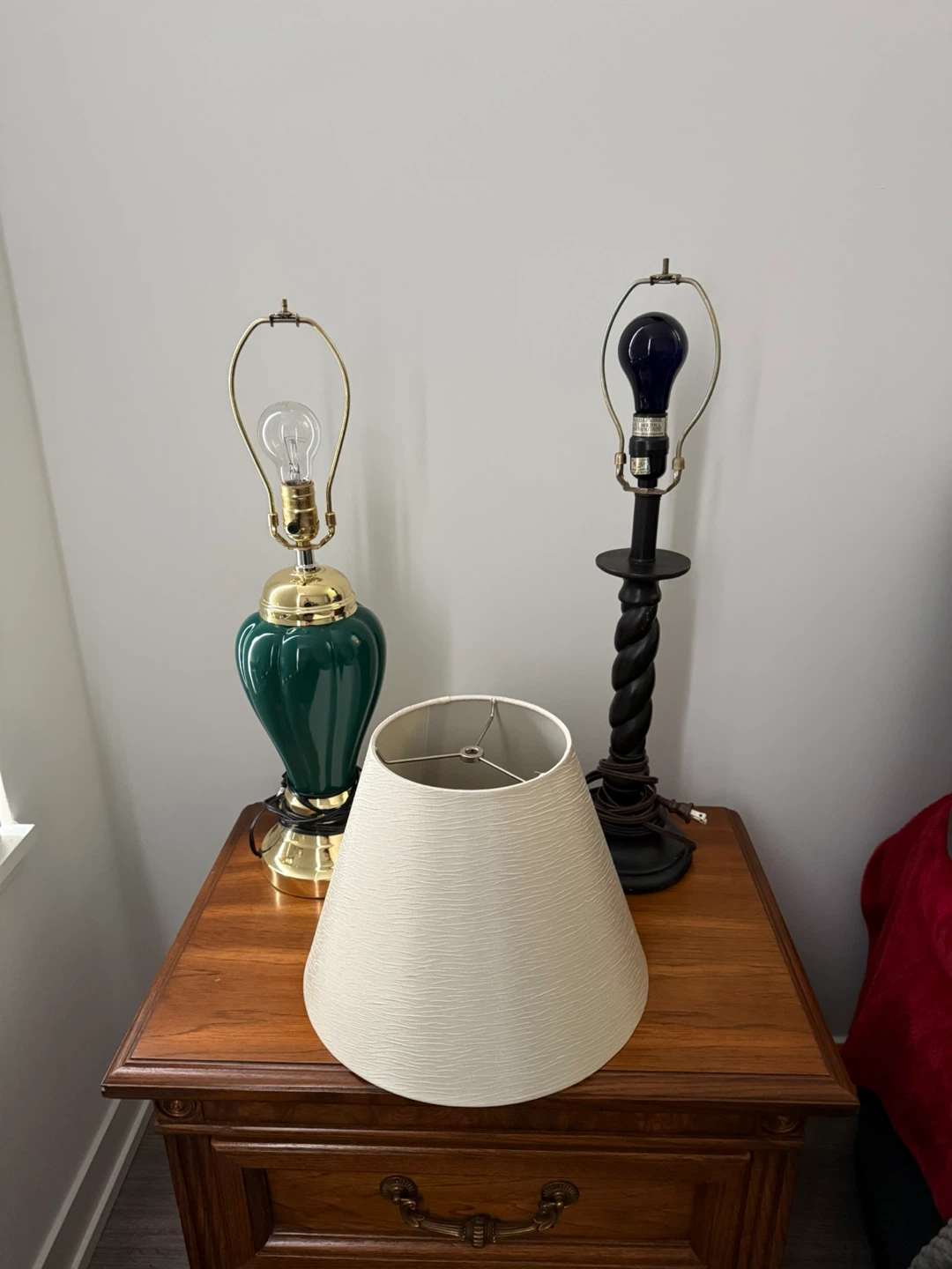 Two lamps both in working conditions with bulbs and a lampshade