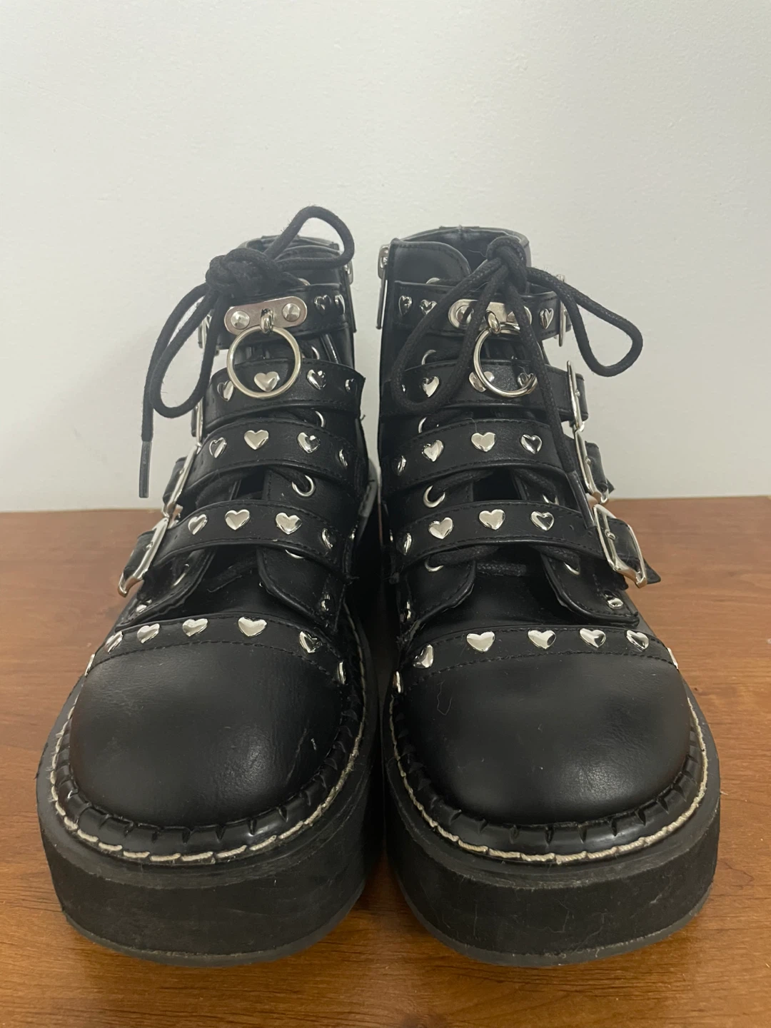 DEMONIA Black EMILY-315 Platform Boots w/Heart Studs
