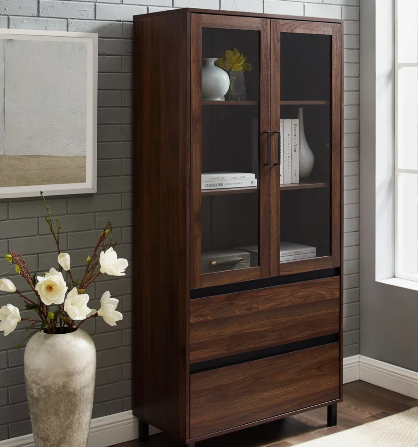 Glass Door Cabinet with Drawers
