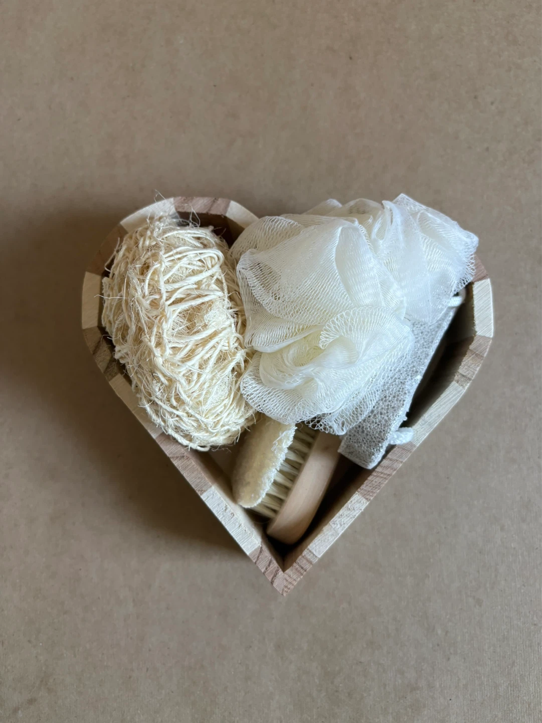 Bath Accessory Set in Heart-Shaped Wooden Tray