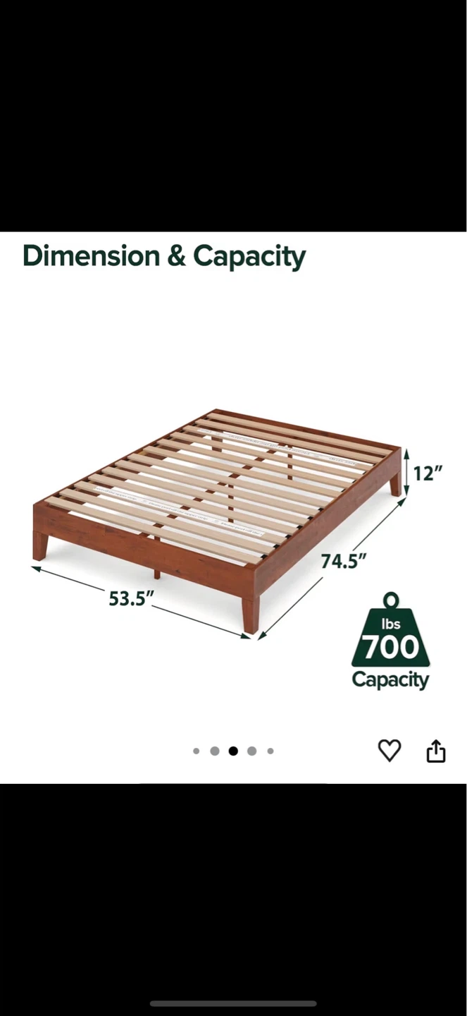 Wooden Bed Frame - 700 lbs Capacity - 53.5" x 74.5" x 12"