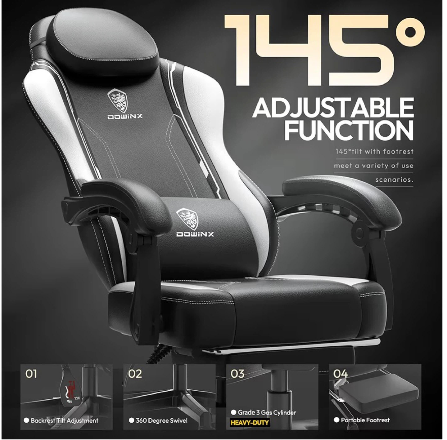 Dowinx Gaming Chair with Footrest - Like New (White/Black) - photo 3
