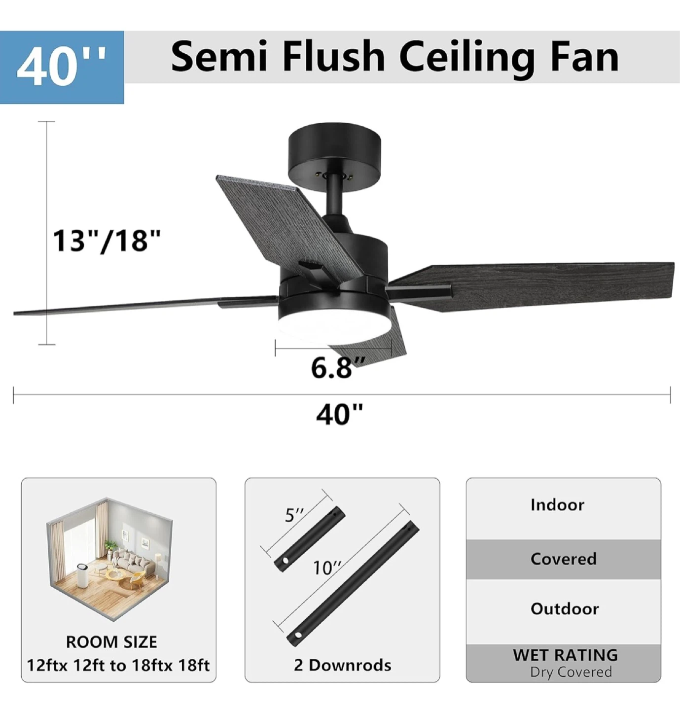 40" Semi Flush Mount Ceiling Fan with Light - photo 2