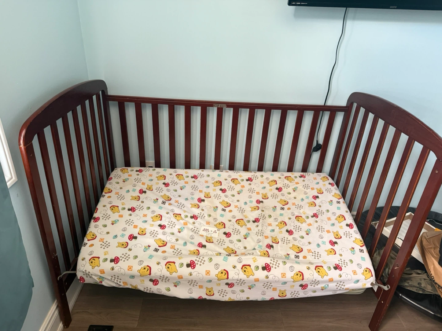 Dark Wood Baby Crib with Winnie the Pooh Mattress - photo 3