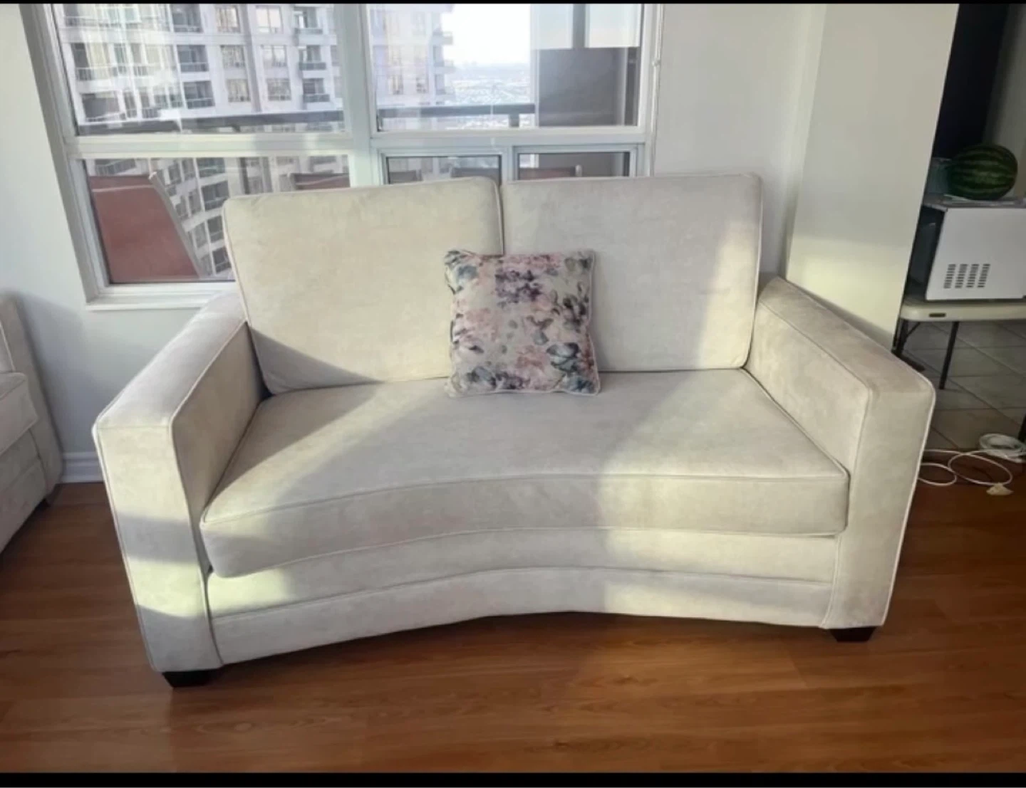 Cream Loveseat Sofa with Accent Pillow