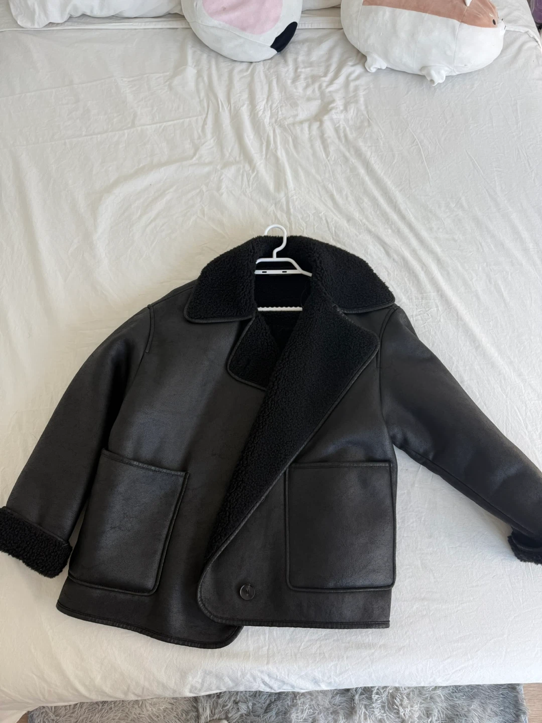 Zara Black Faux Leather Sherpa Lined Jacket