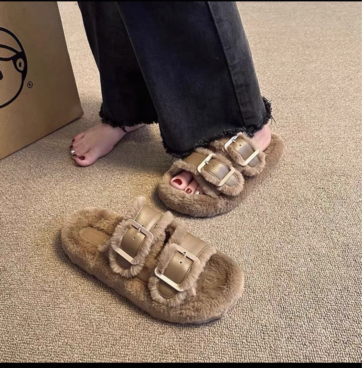 Brown Fuzzy Shearling Slides - photo 5