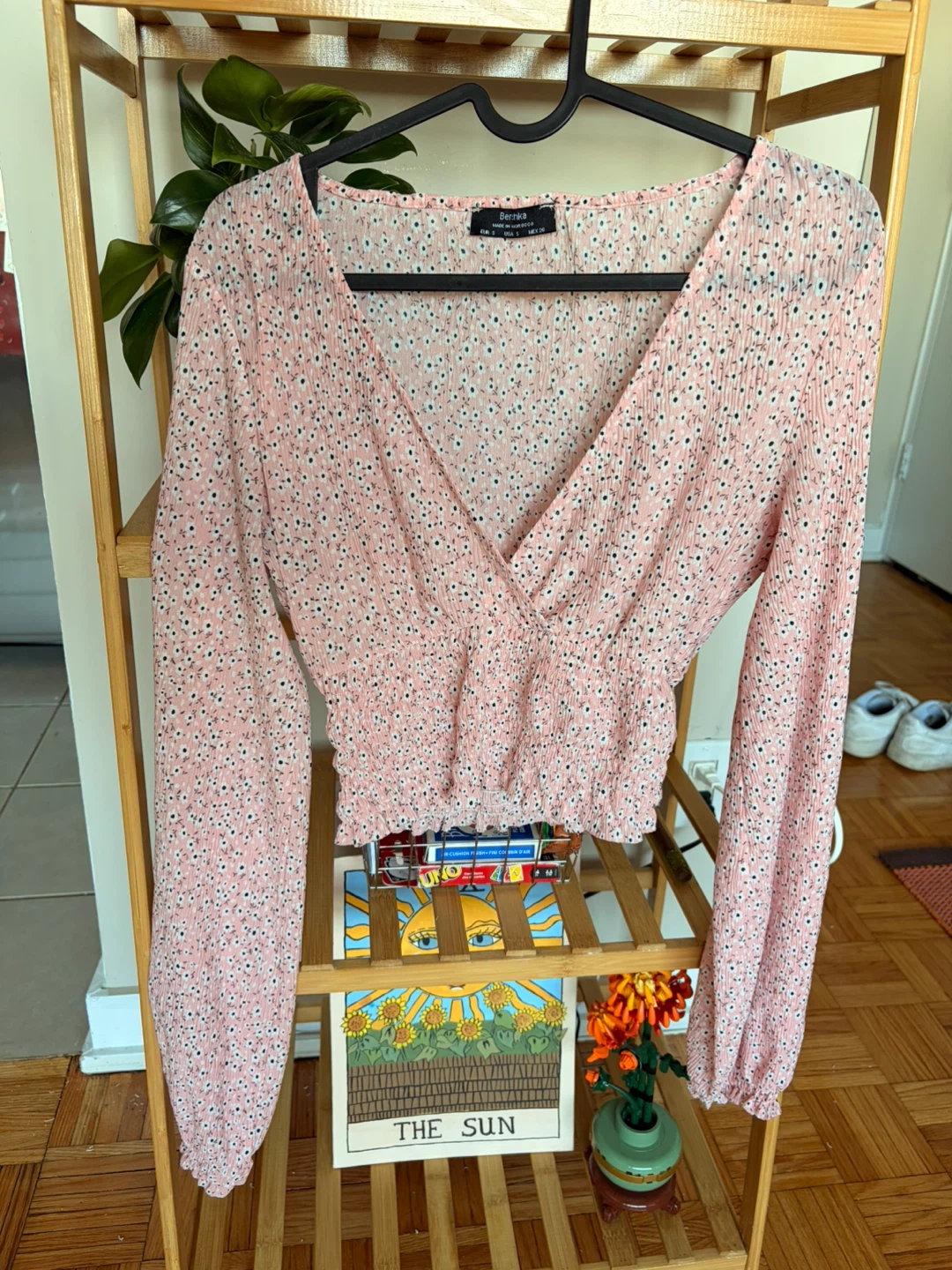 Bershka Pink Floral Long Sleeve Crop Top - Size S