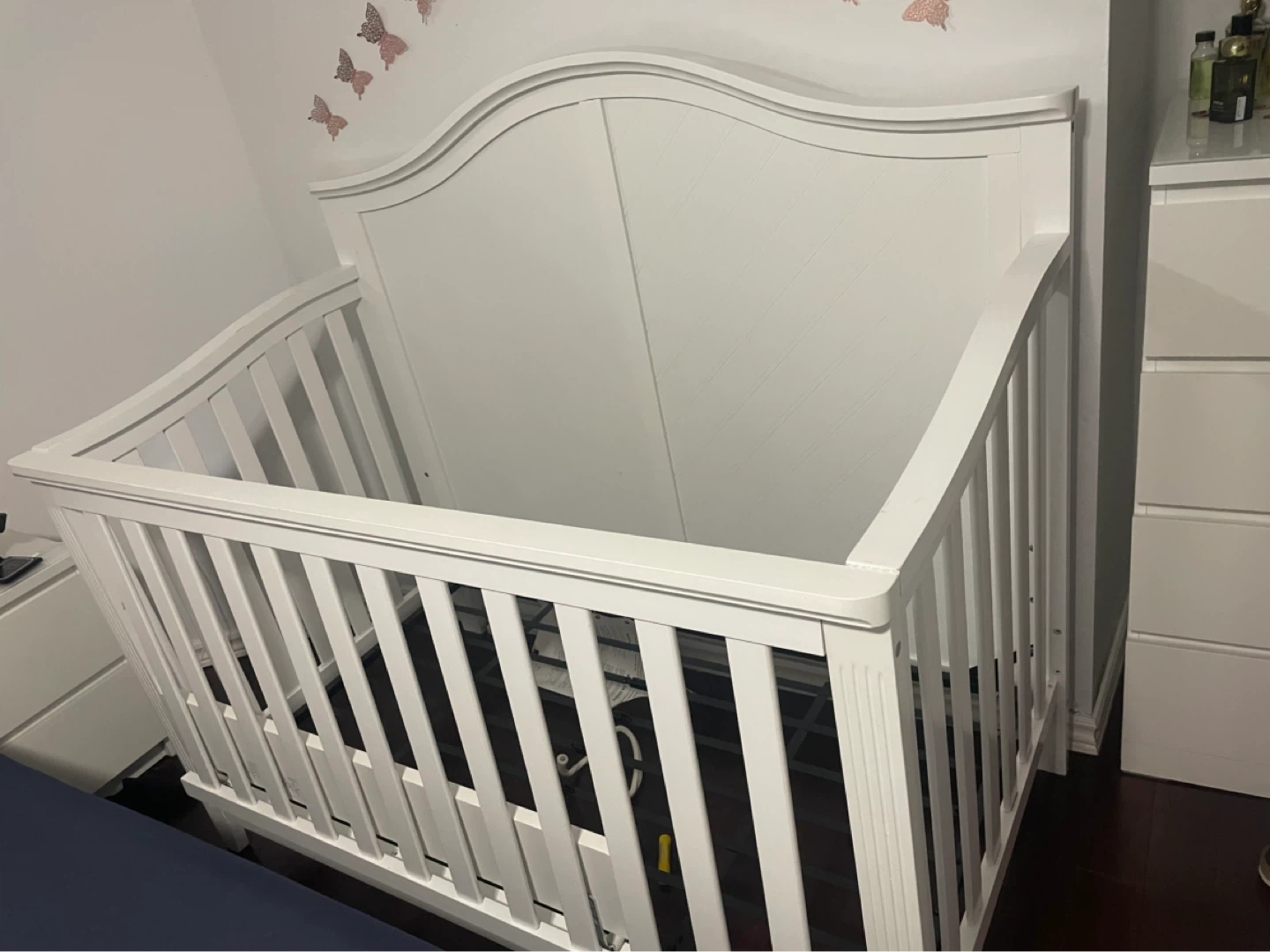 White Crib with ikea guard rail and mattress