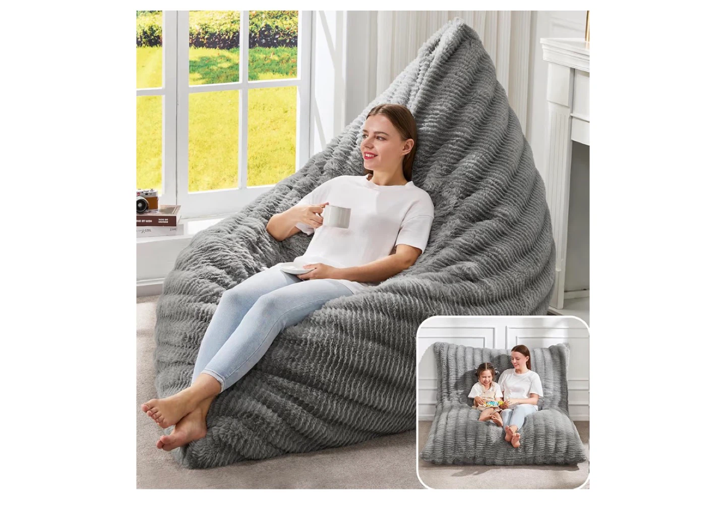 Large Gray Plush Bean Bag Chair