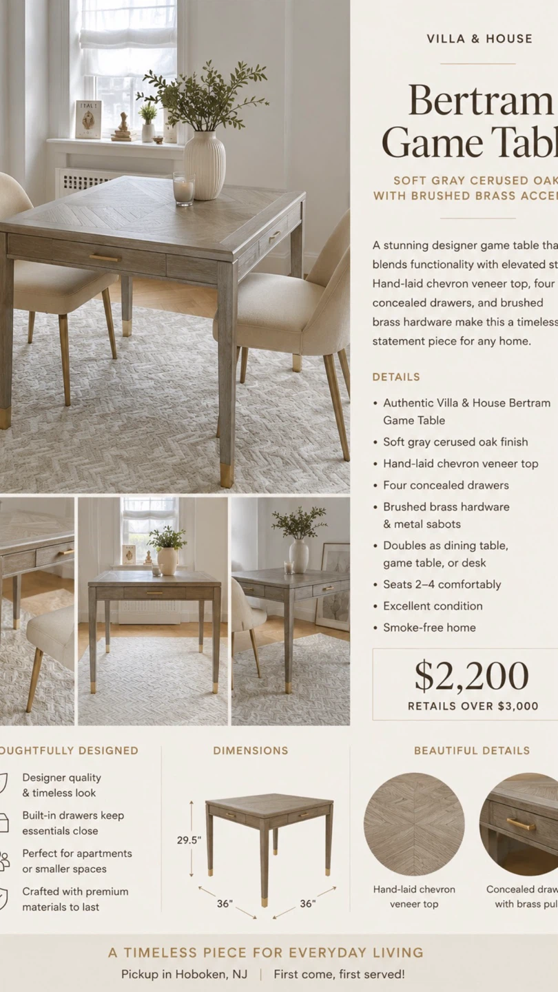 Villa & House Bertram Game Table - Soft Gray Cerused Oak