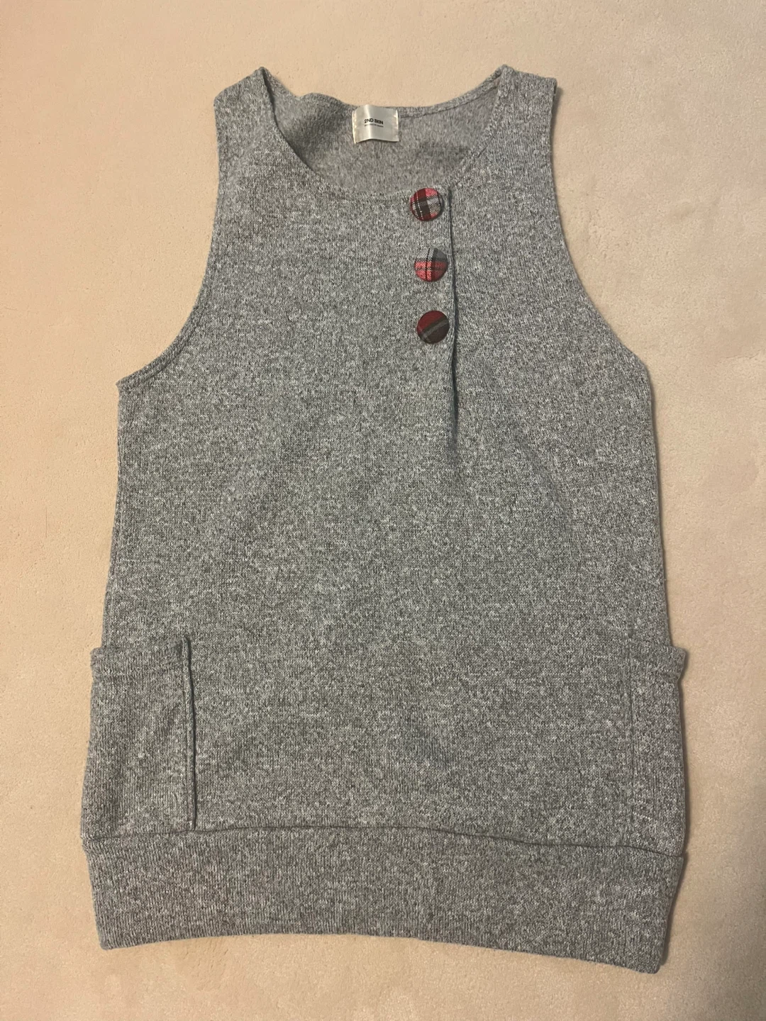 Grey Sleeveless Dress with Plaid Buttons