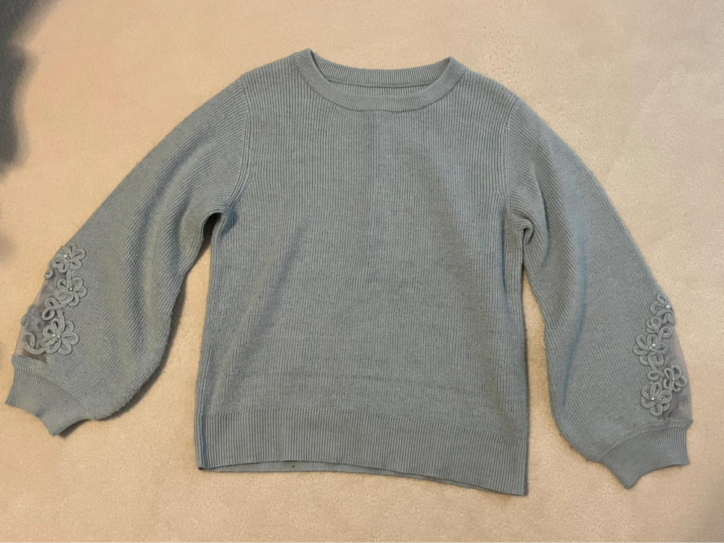 Blue/Grey Crew Neck Sweater with Floral Embellishments