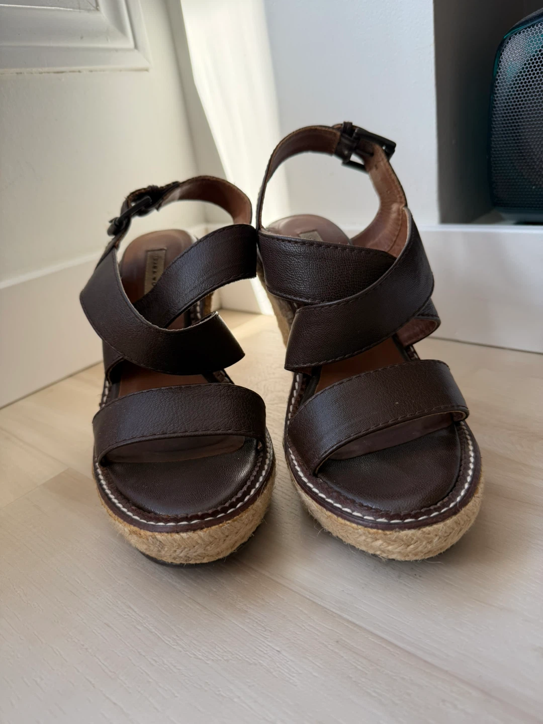 Zara Woman Brown Leather Espadrille Wedge Sandals