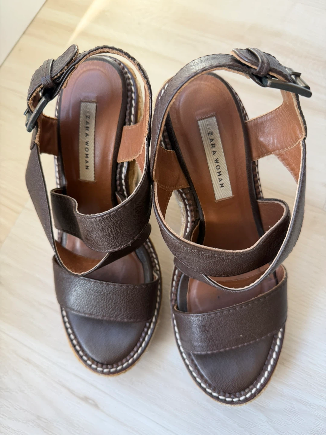 Zara Woman Brown Leather Espadrille Wedge Sandals - photo 2