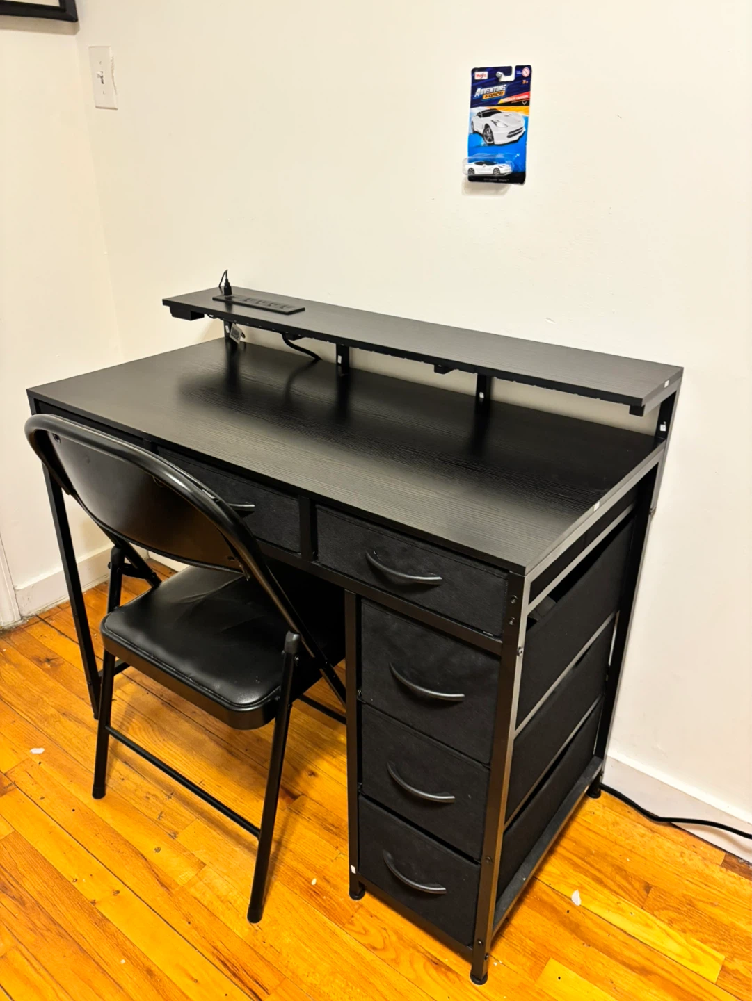 Black Gaming Desk with LED Lights and Drawer Storage