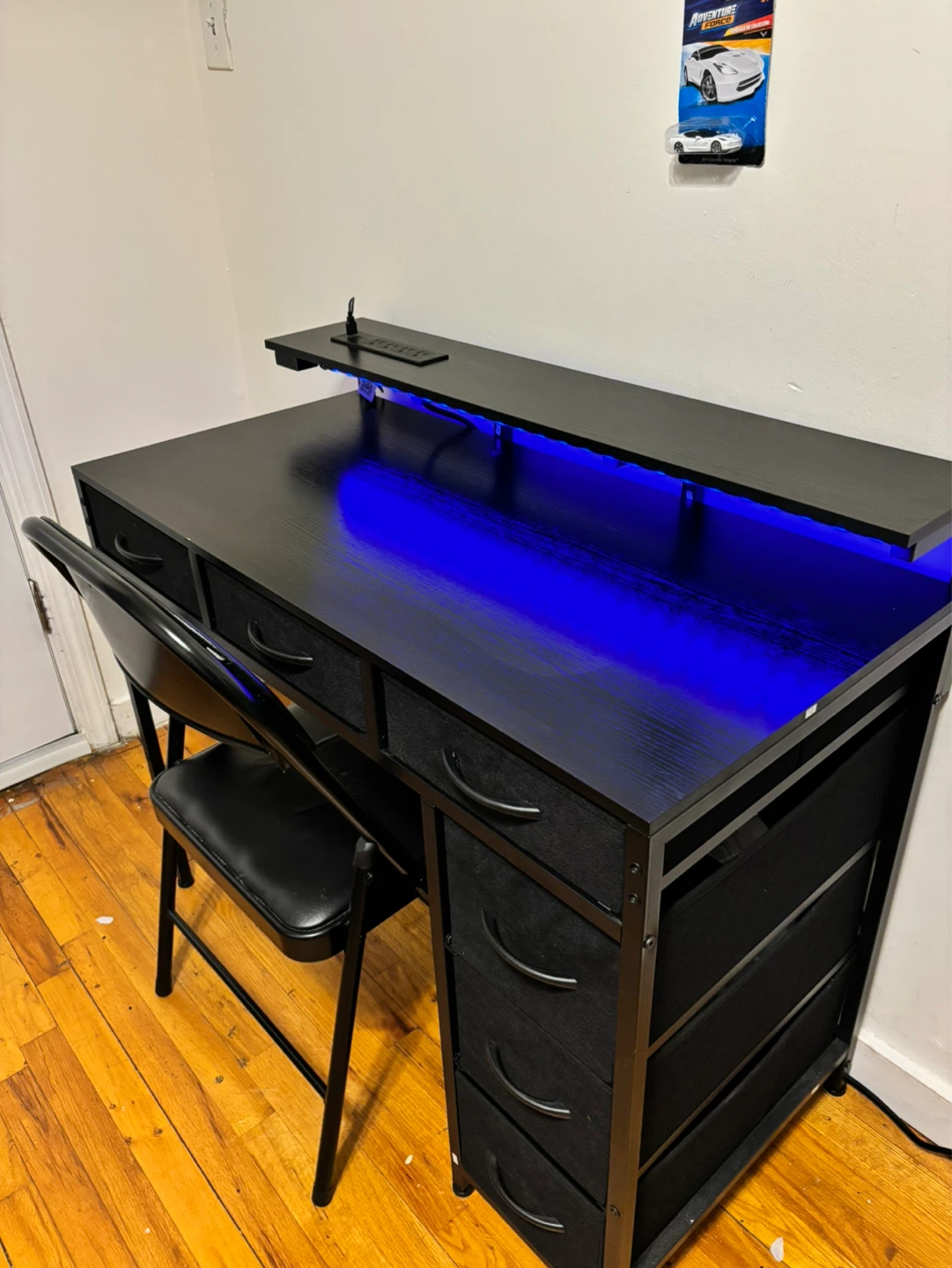 Black Gaming Desk with LED Lights and Drawer Storage - photo 3