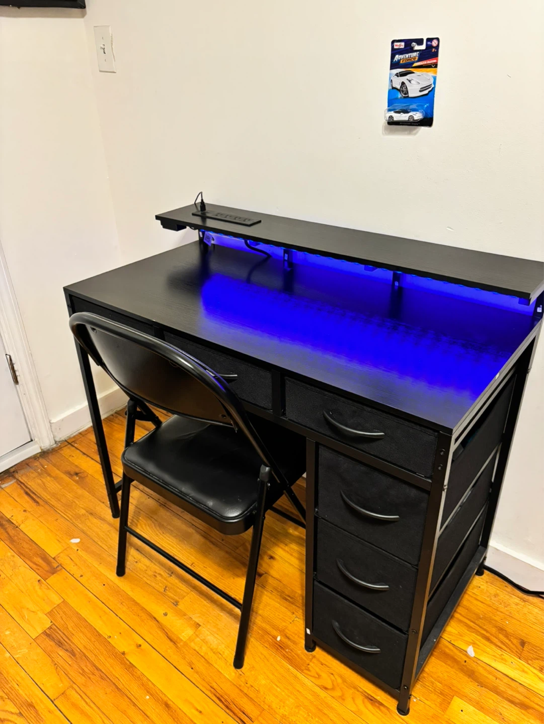 Black Gaming Desk with LED Lights and Drawer Storage - photo 2