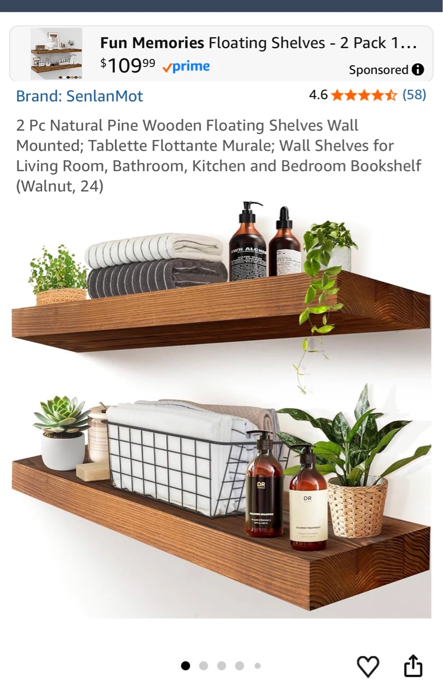 SenlanMot 2 Pack Solid Wood Floating Shelves - 24 Inch Walnut