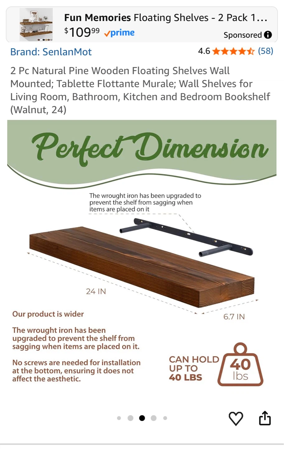 SenlanMot 2 Pack Solid Wood Floating Shelves - 24 Inch Walnut - photo 3