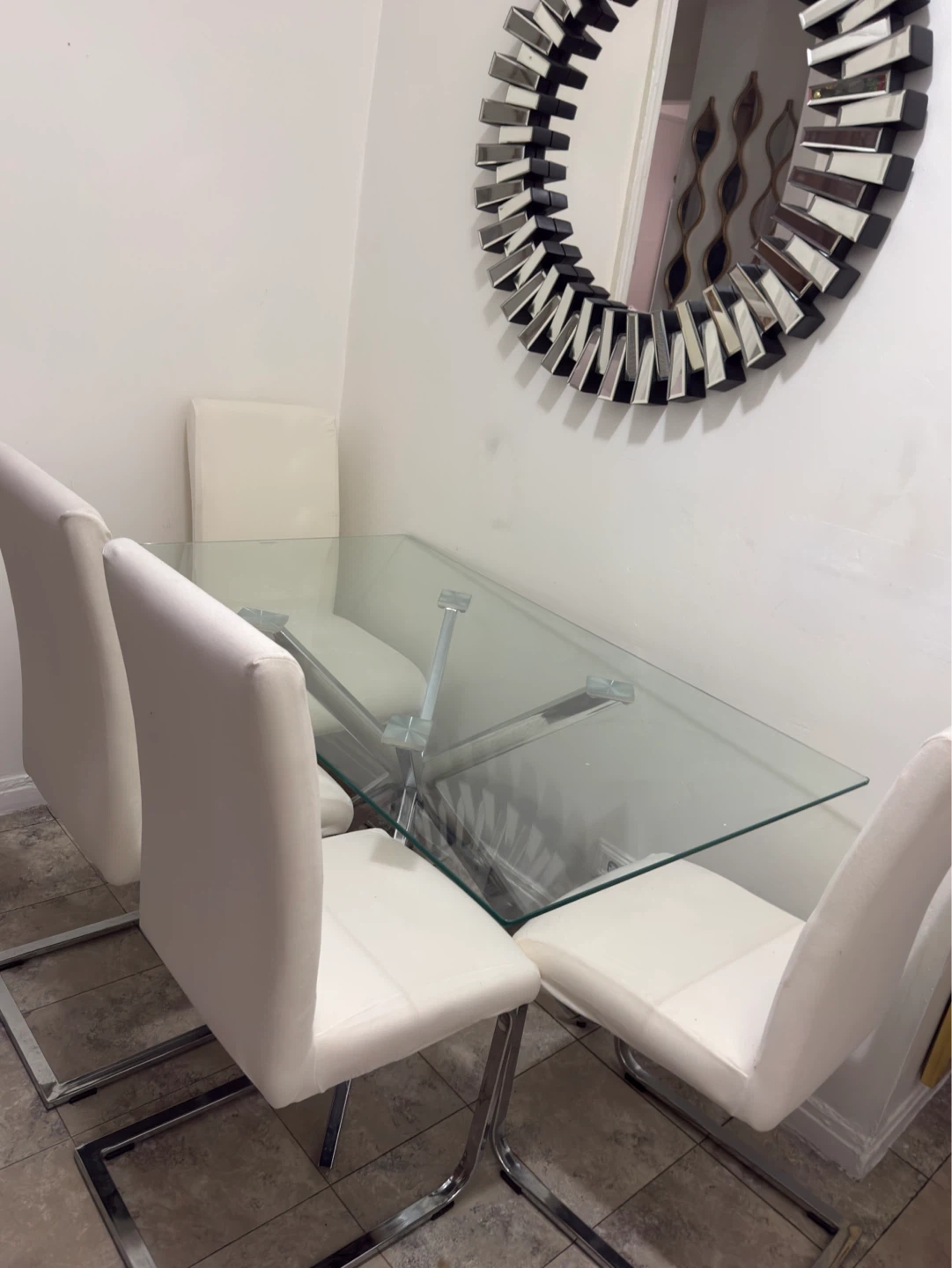 Glass Dining Table with 4 White Chairs