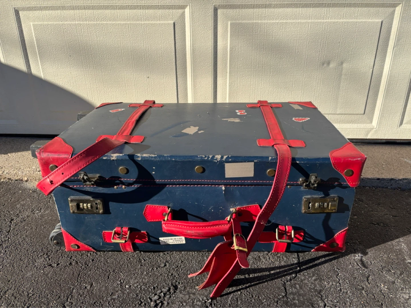 Vintage Blue Suitcase with Red Trim