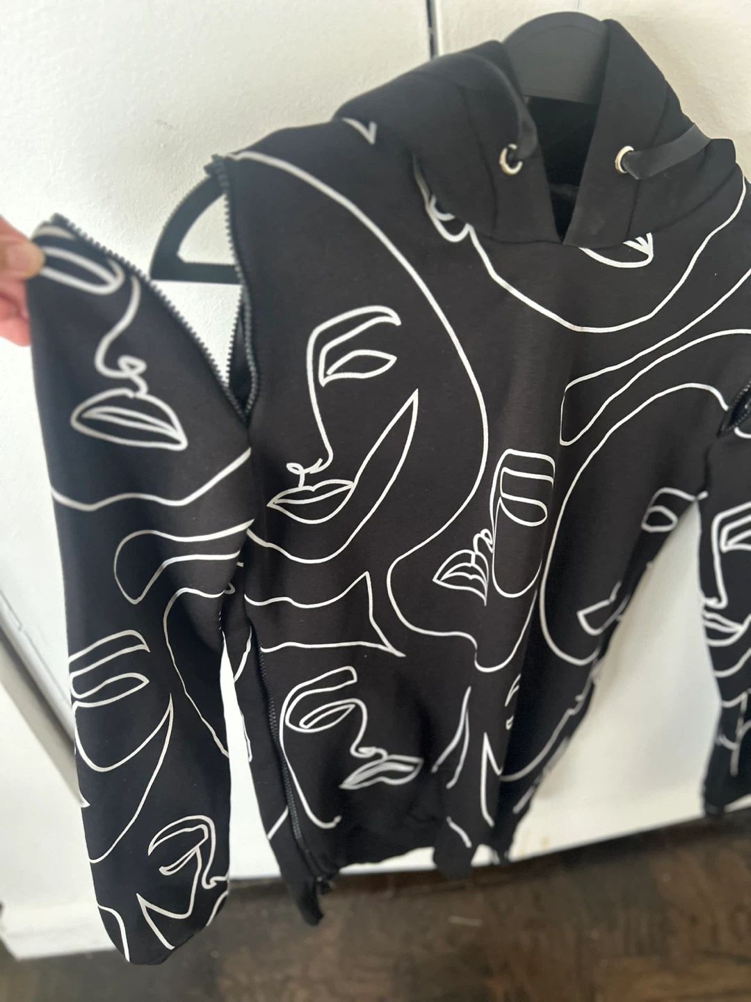 Black Abstract Face Print Hoodie with Zipper Sleeves