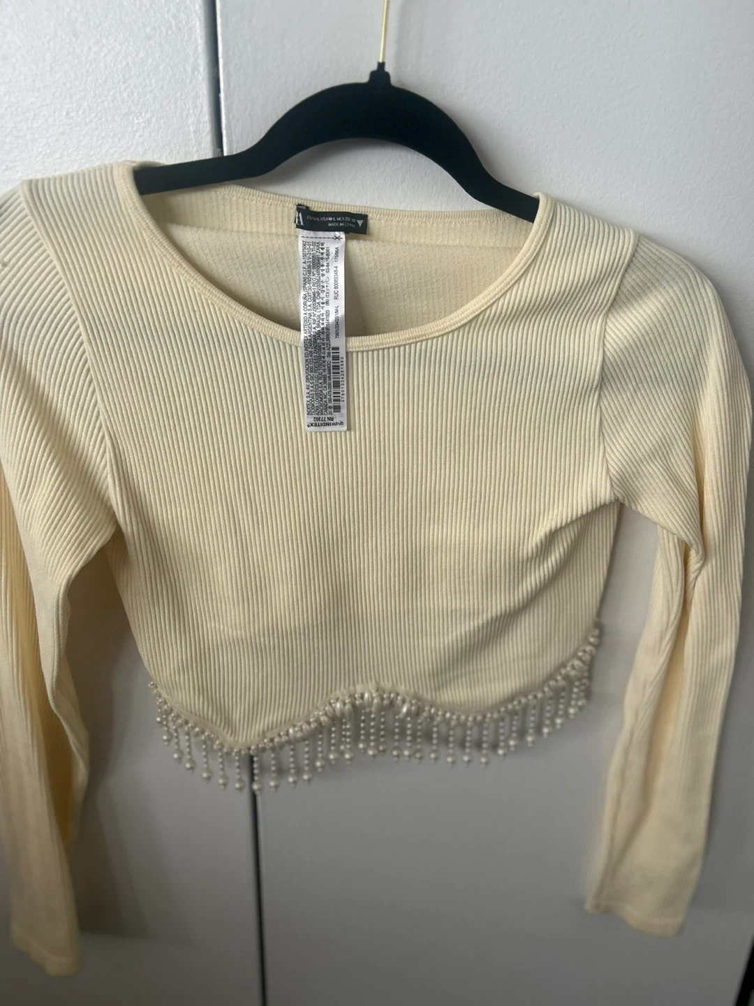 ZARA Cream Ribbed Cropped Top with Pearl Embellishment