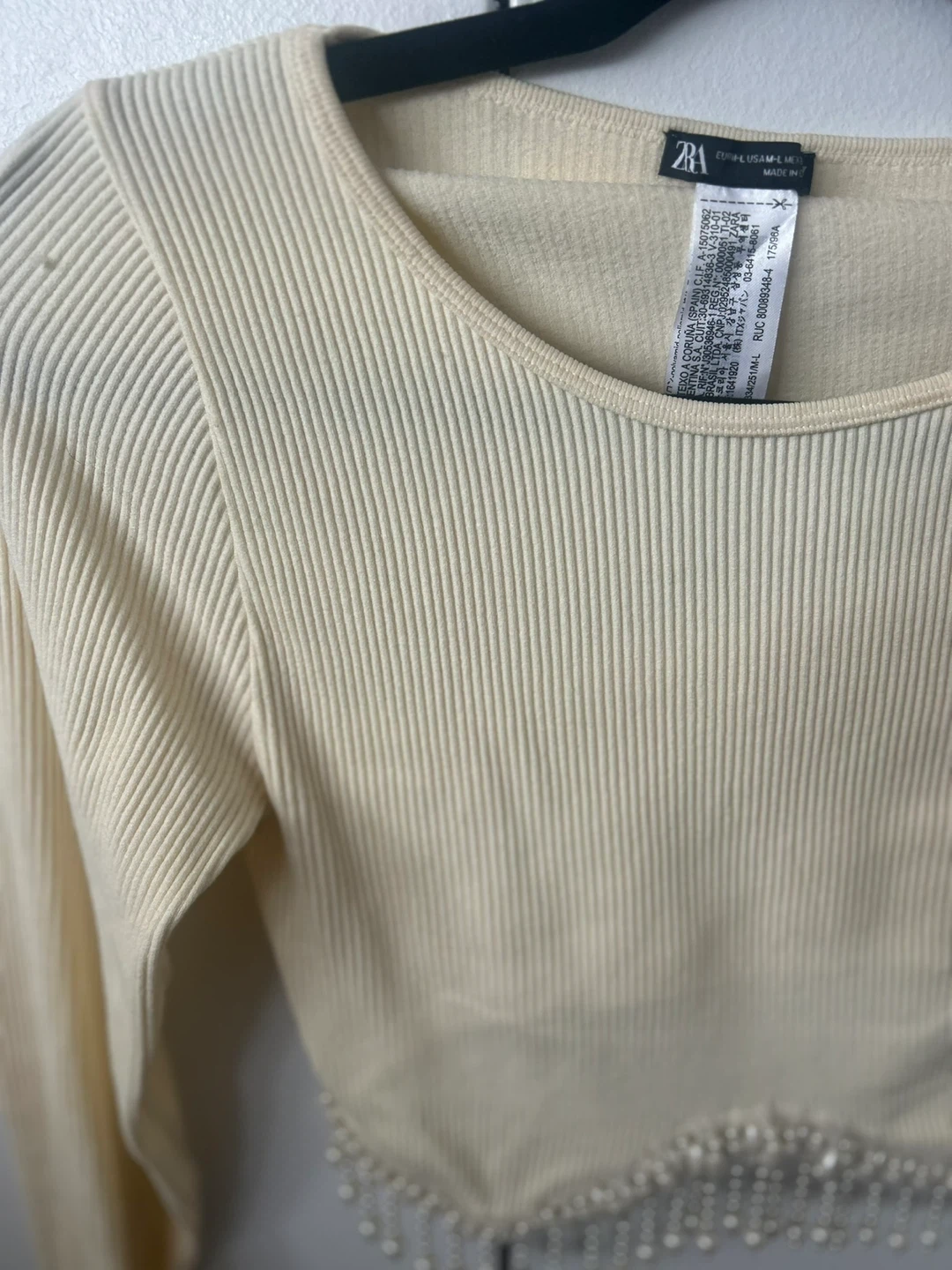 ZARA Cream Ribbed Cropped Top with Pearl Embellishment - photo 2
