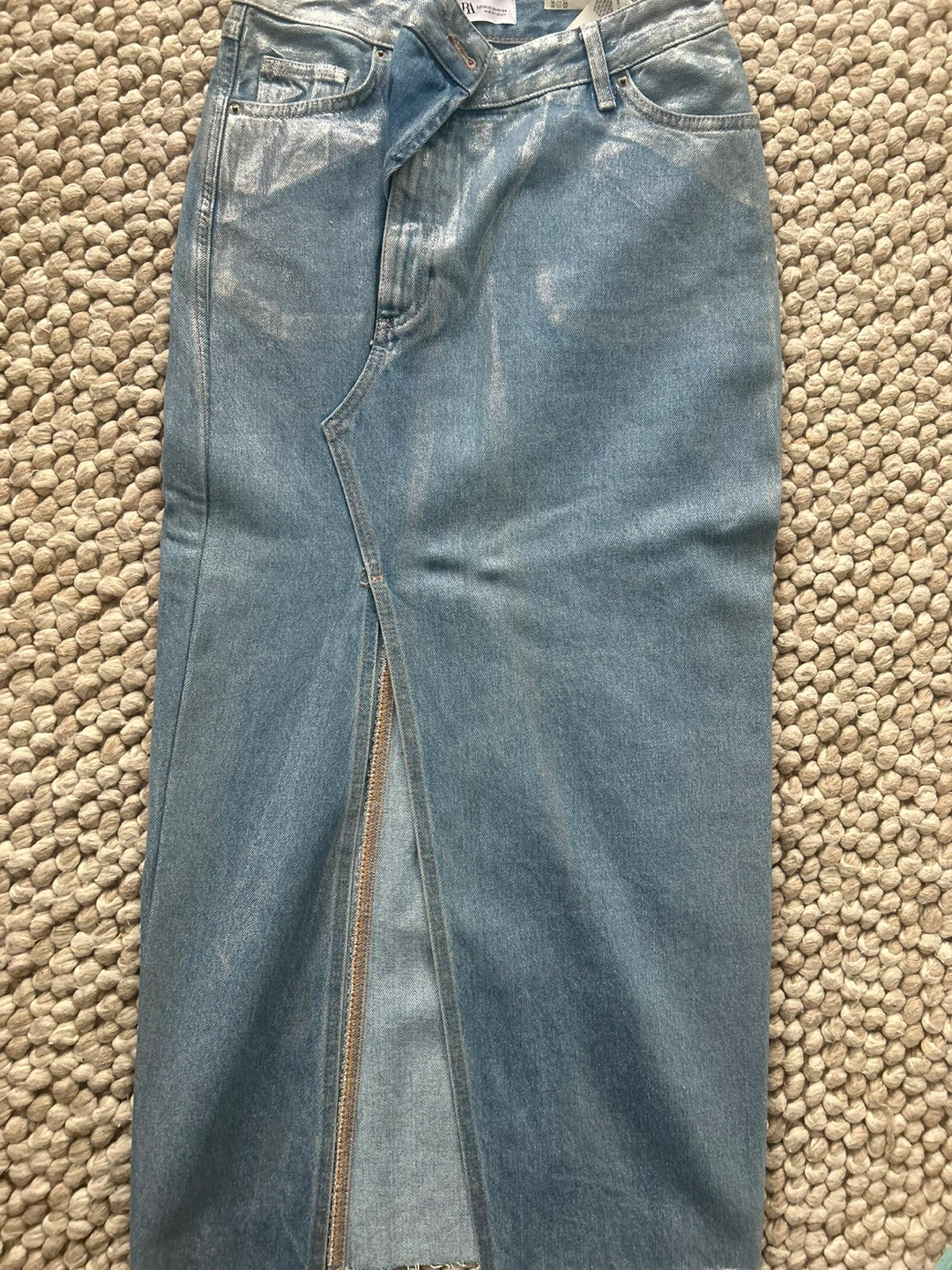 ZARA Light Wash Metallic Denim Midi Skirt Size 24