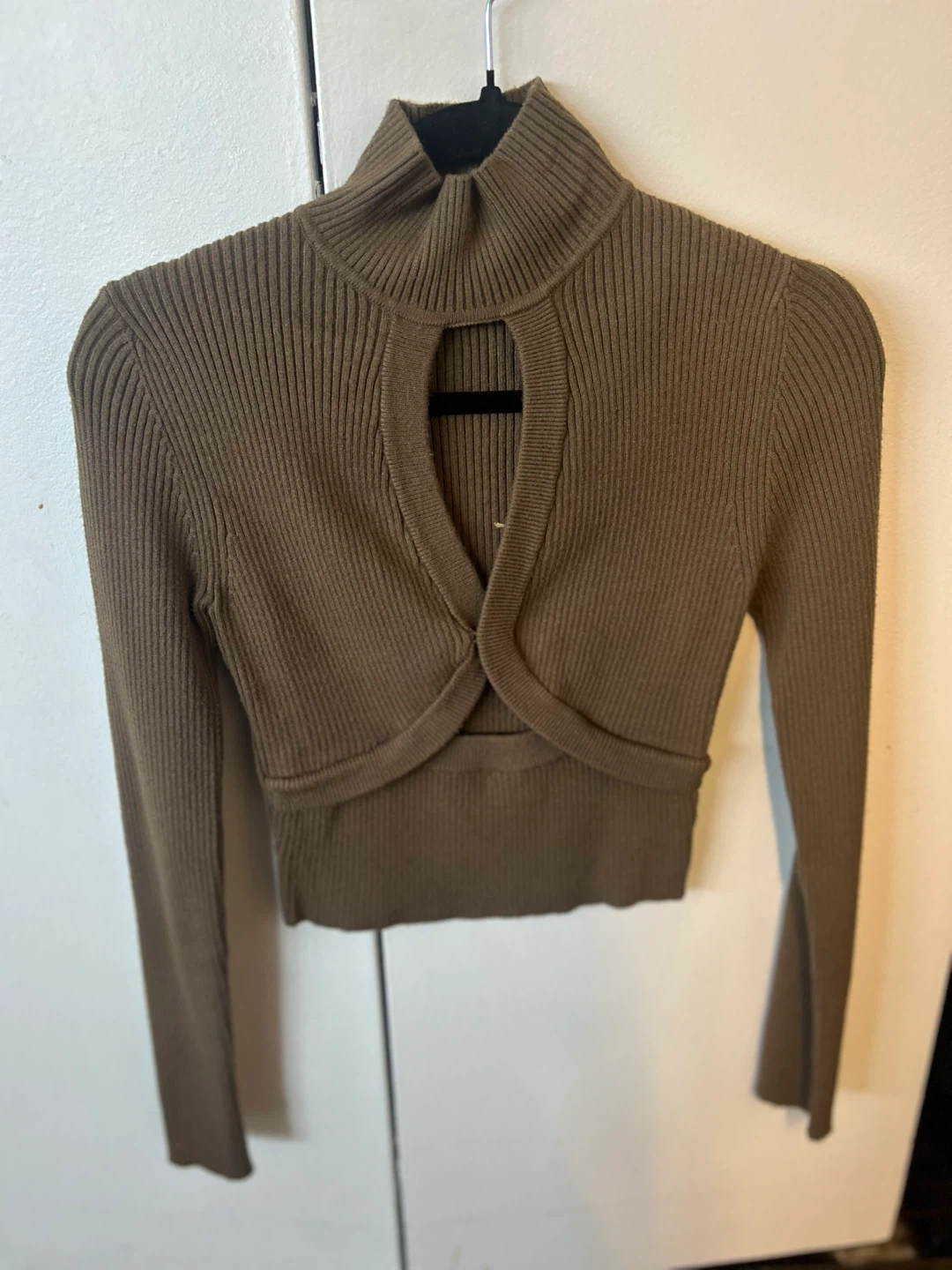 Zara Brown Ribbed Cutout Turtleneck Sweater