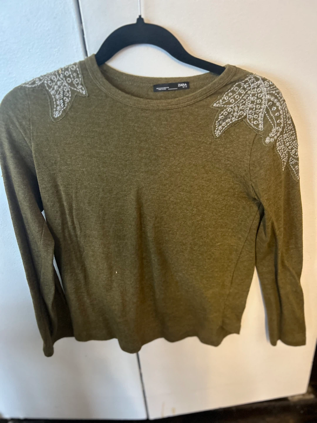 ZARA Olive Green Embellished Long Sleeve Top - photo 3