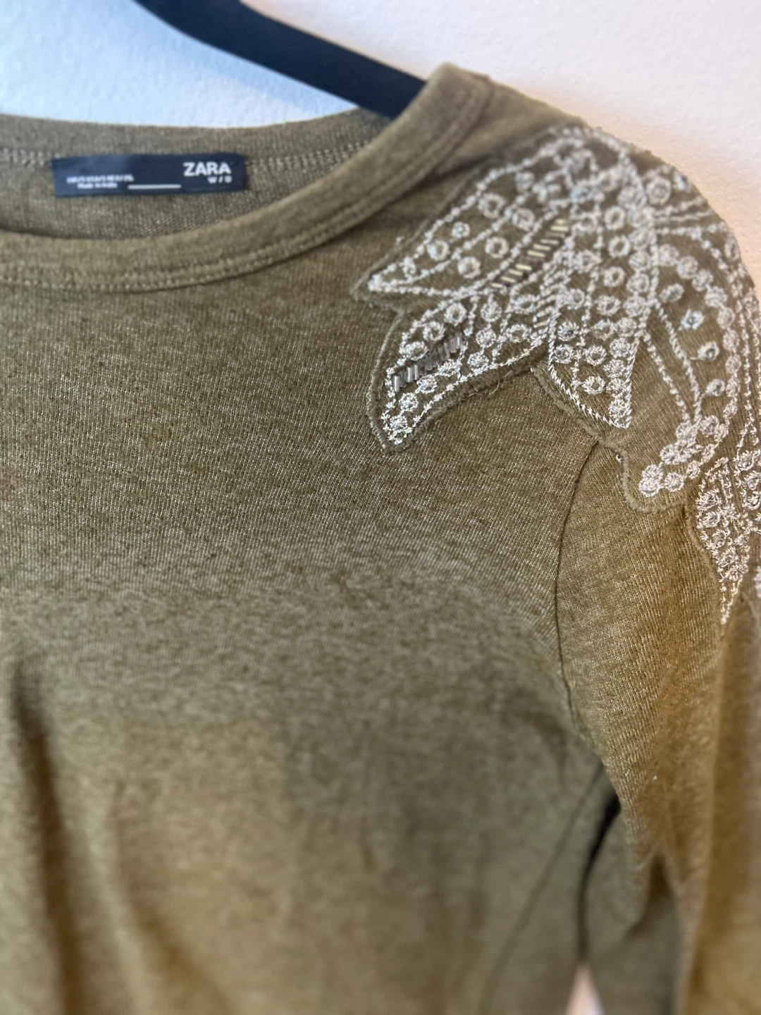 ZARA Olive Green Embellished Long Sleeve Top