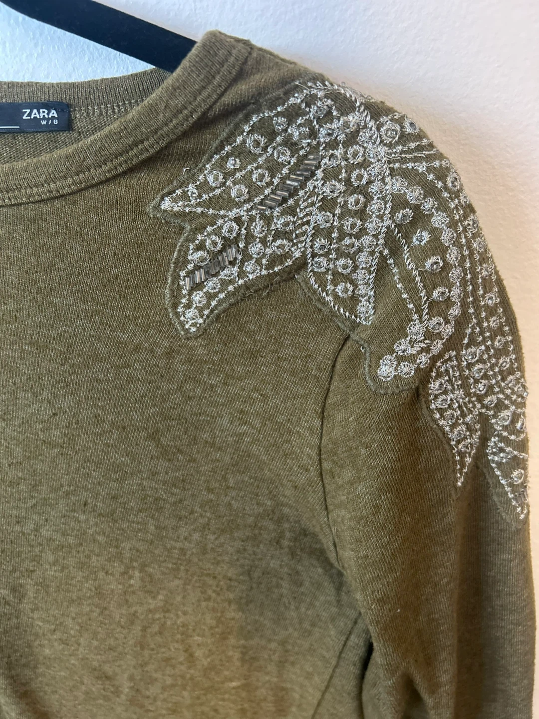 ZARA Olive Green Embellished Long Sleeve Top - photo 2
