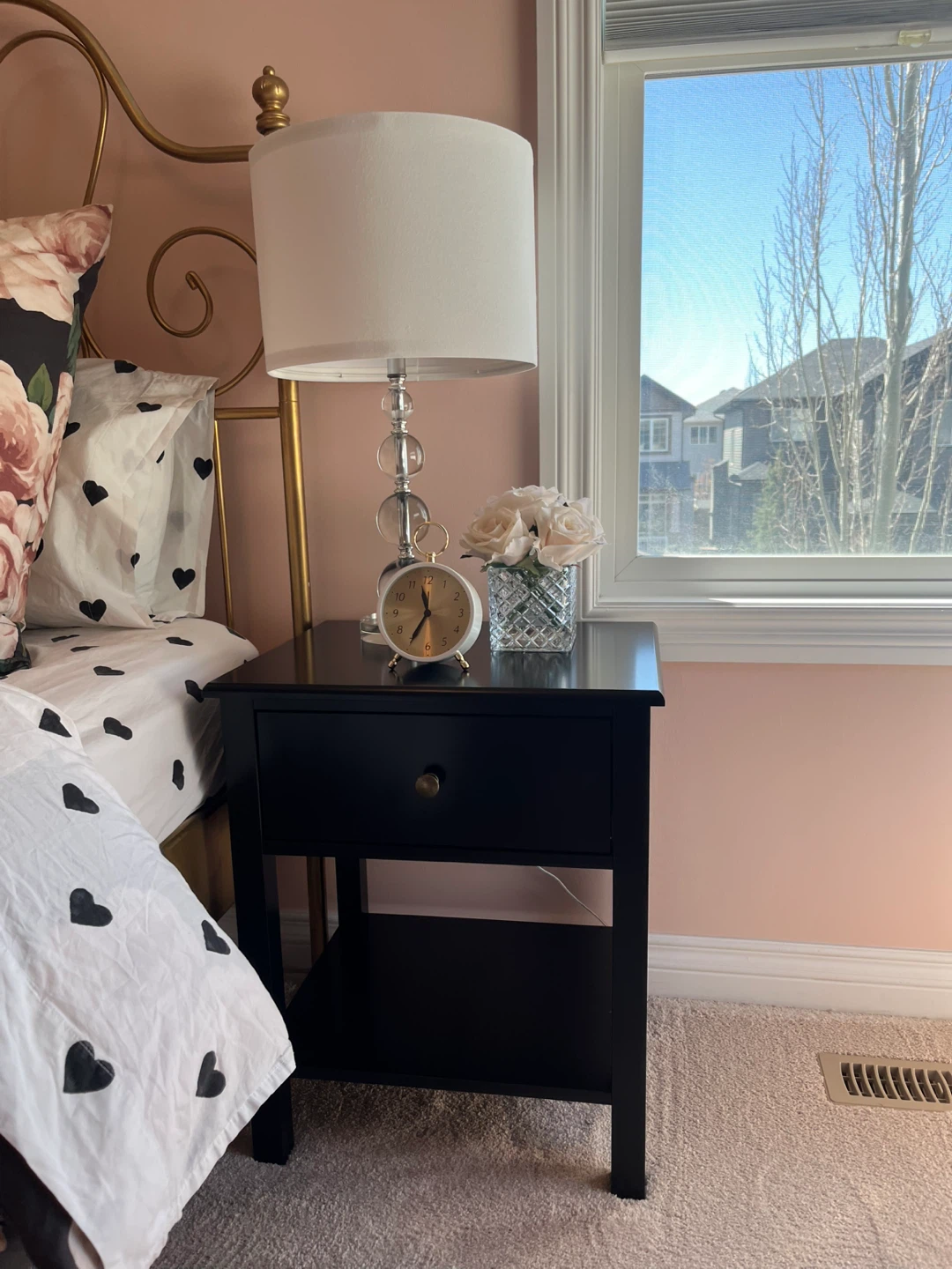 Black Nightstand with Drawer and Shelf