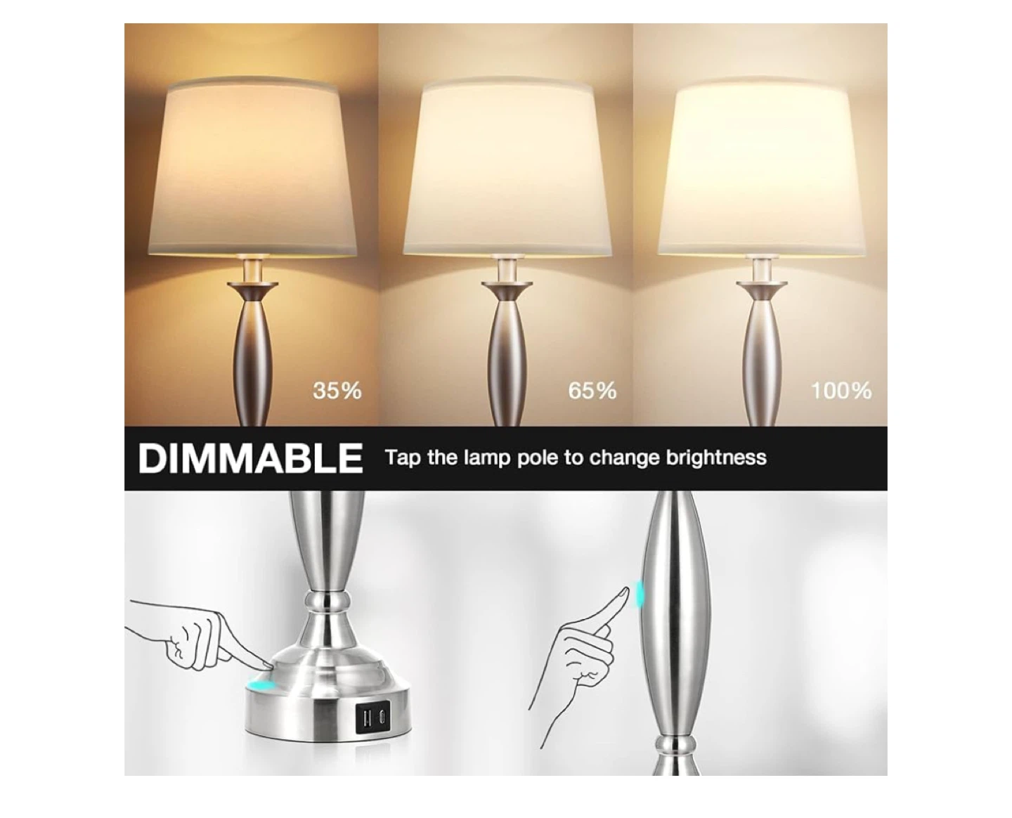 Set of 2 Modern Bedside Lamps with USB Charging Ports - photo 2