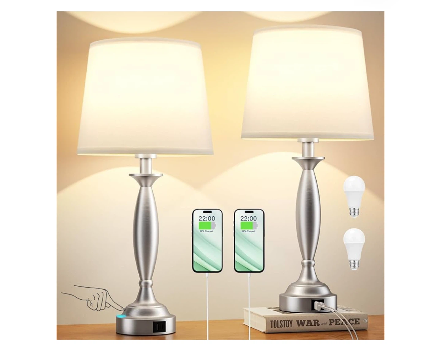 Set of 2 Modern Bedside Lamps with USB Charging Ports