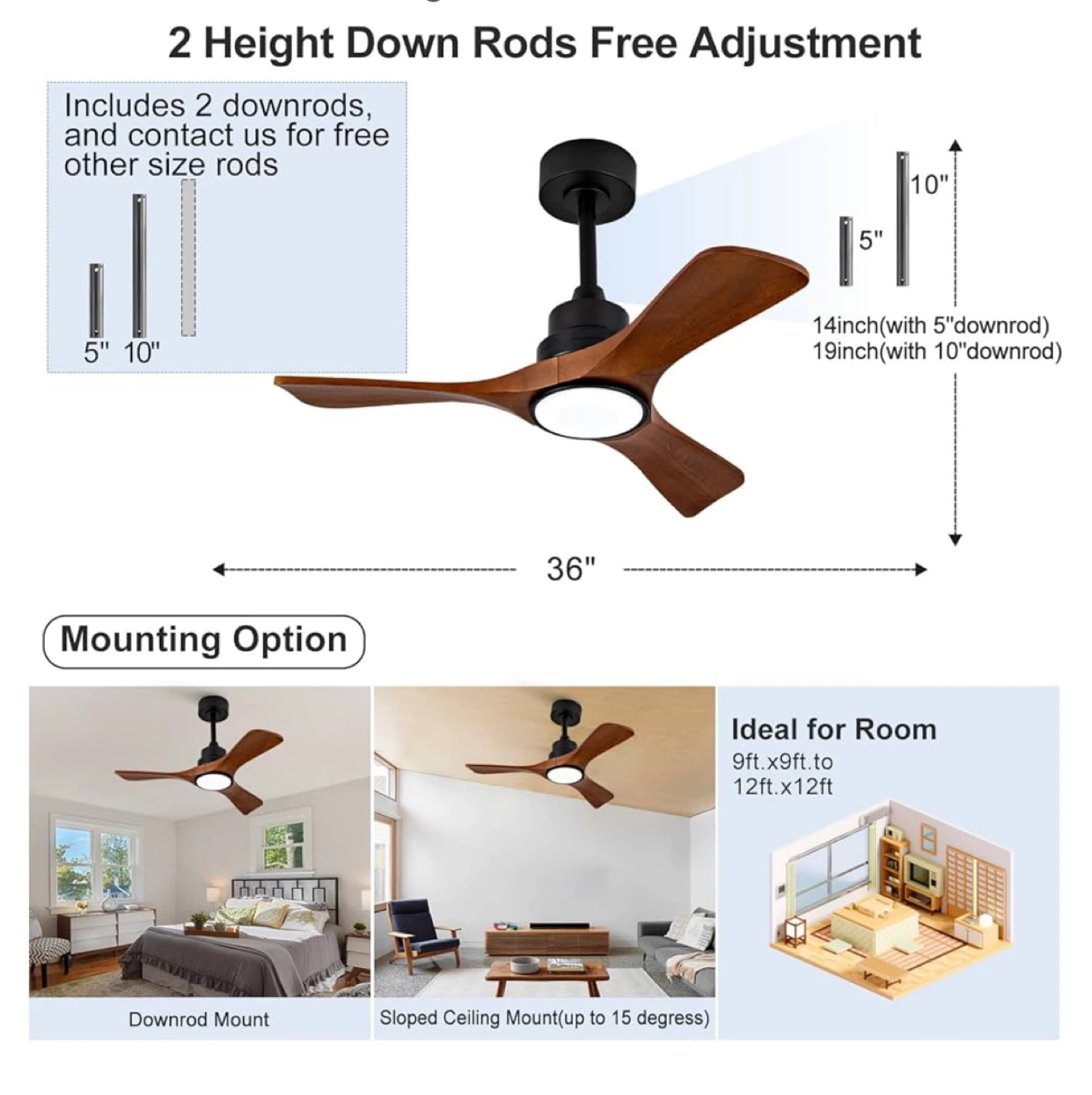 36" Modern Wood Ceiling Fan with Light - photo 2